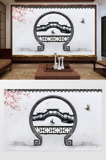 中式古典意境月洞门框景古桥小船流水背景墙图片