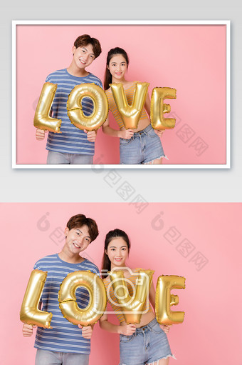 情侣抱气球靠肩微笑片