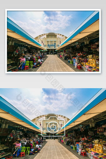 蓝色柬埔寨金边中央市场建筑摄影图片