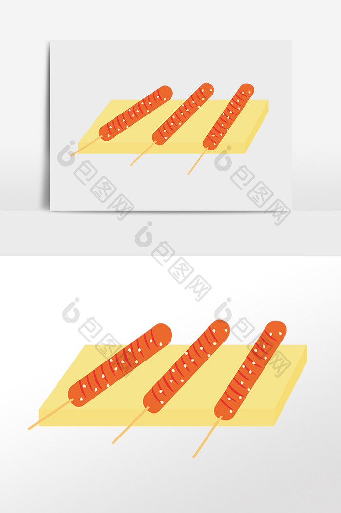 手绘美味小吃食物烤火腿插画