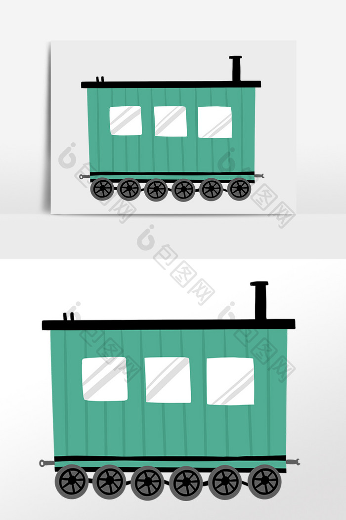 手绘绿色火车车厢运输工具插画