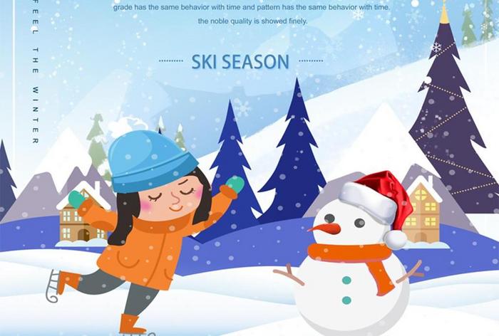 冬季卡通滑雪雪人可爱的宣传海报模板