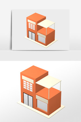 手绘2.5D立体小楼房建筑插画