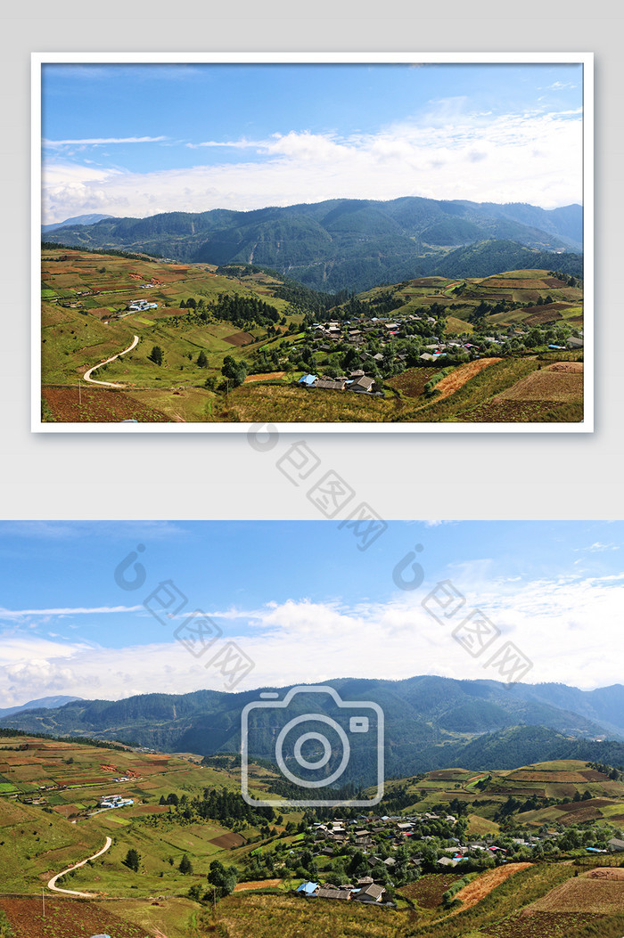 香格里拉哈巴雪山观景台俯瞰全景摄影图
