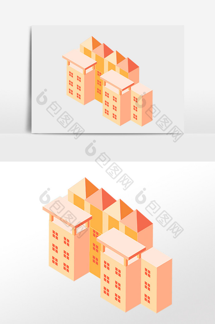 手绘2.5D建筑立体黄色建筑插画