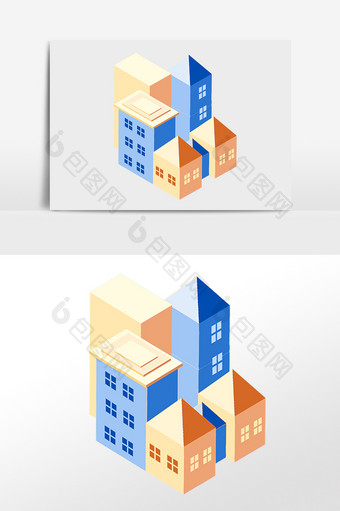 手绘2.5D建筑立体楼房建筑插画图片