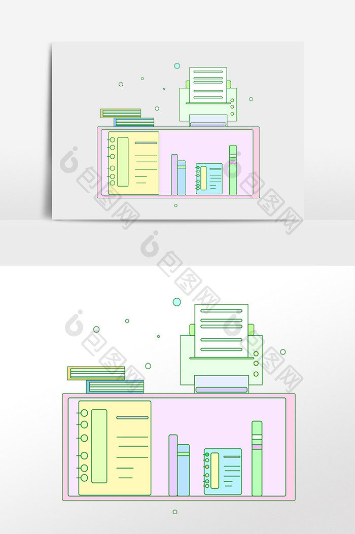 手绘商务办公用品打印机书架插画