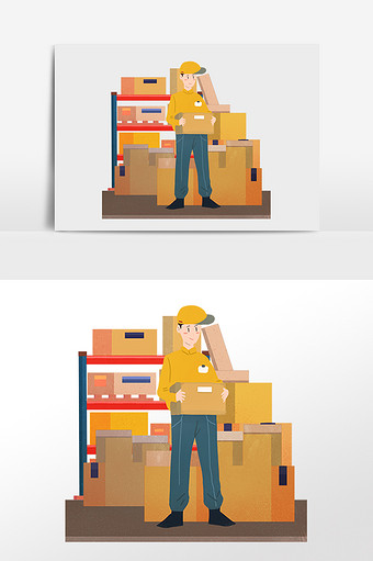 手绘快递配送货物快递员插画