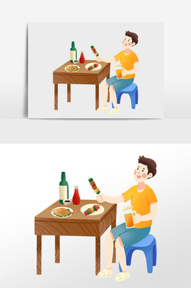 夏季大排档吃串喝酒男孩插画图片