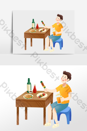夏季大排档吃串喝酒男孩插画图片