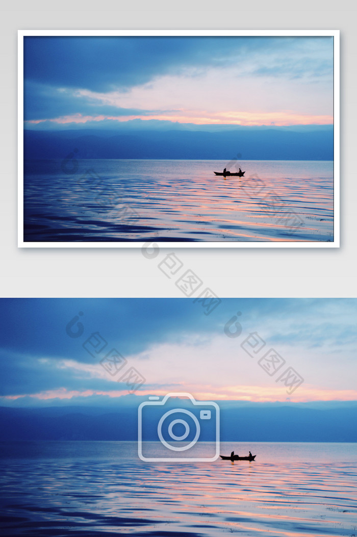 云南苍山洱海清晨日出渔船摄影图片图片