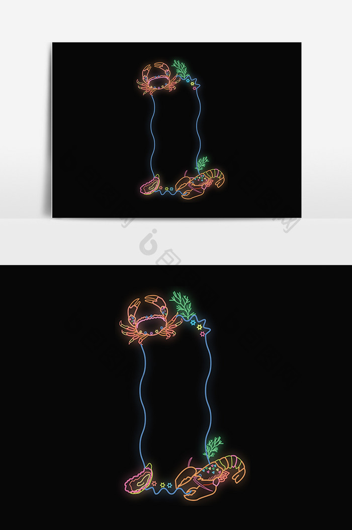 手绘发光霓虹灯招牌海鲜排挡插画