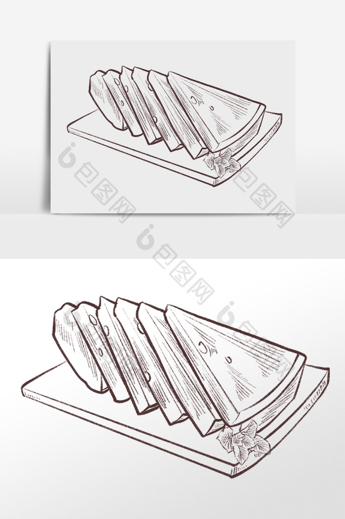 手绘线描素描水果西瓜果盘插画