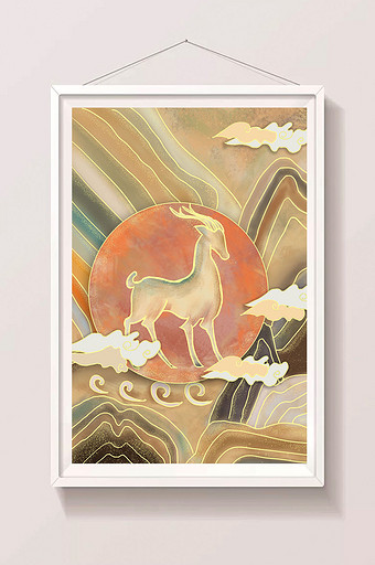 复古中国风敦煌壁画岩彩九色鹿插画图片