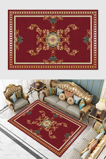 古典传统欧式红金色花纹地毯图片