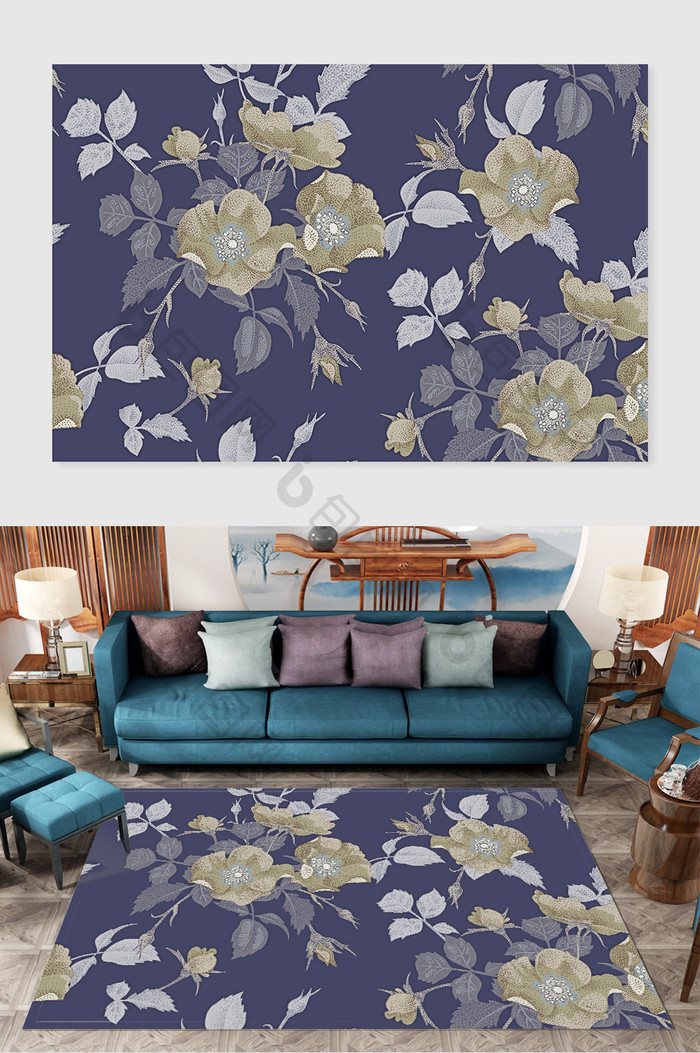 新中式复古图案花卉蓝色地毯图案