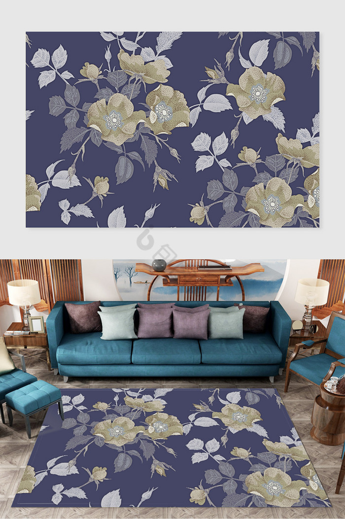 新中式复古图案花卉蓝色地毯图案图片