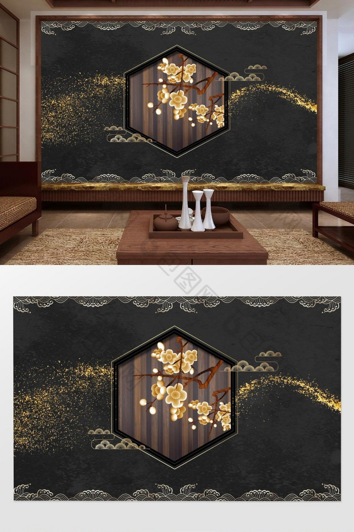 中式手绘梅花背景墙装饰画
