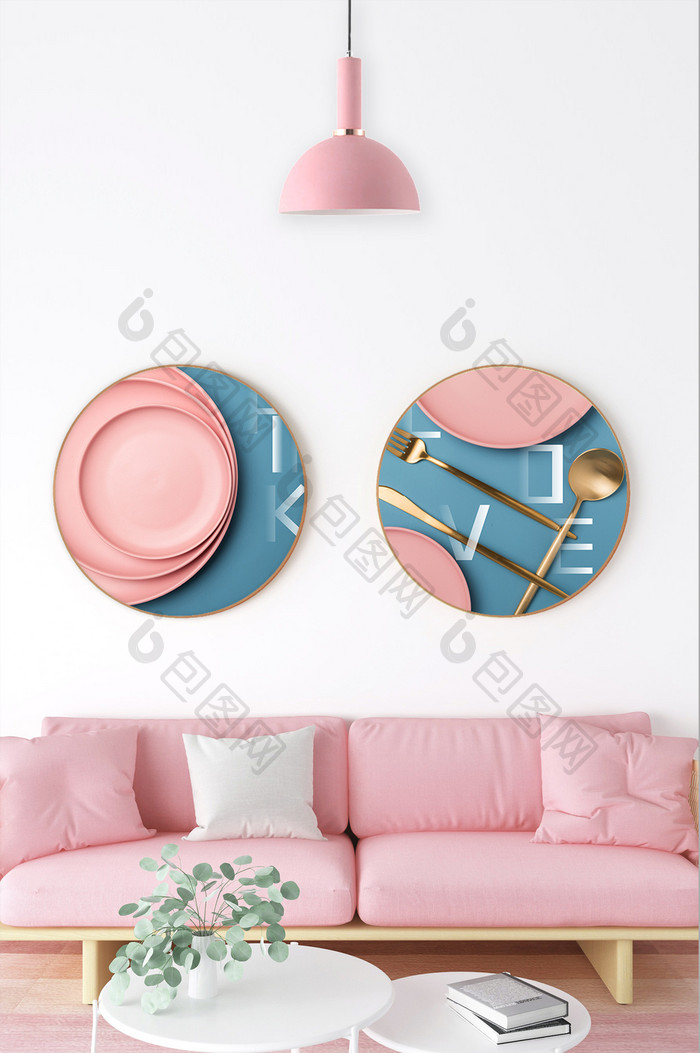 现代简约时尚莫兰迪粉色系餐具装饰画