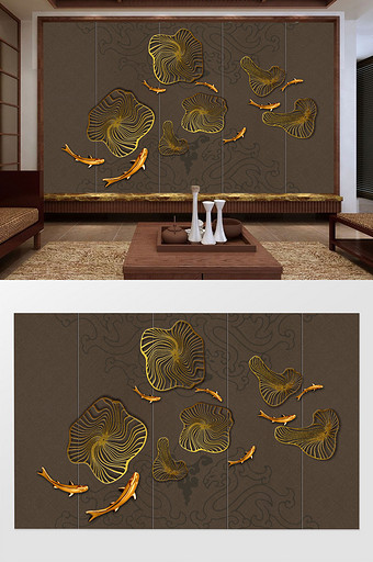 新中式荷叶鲤鱼中式背景墙图片