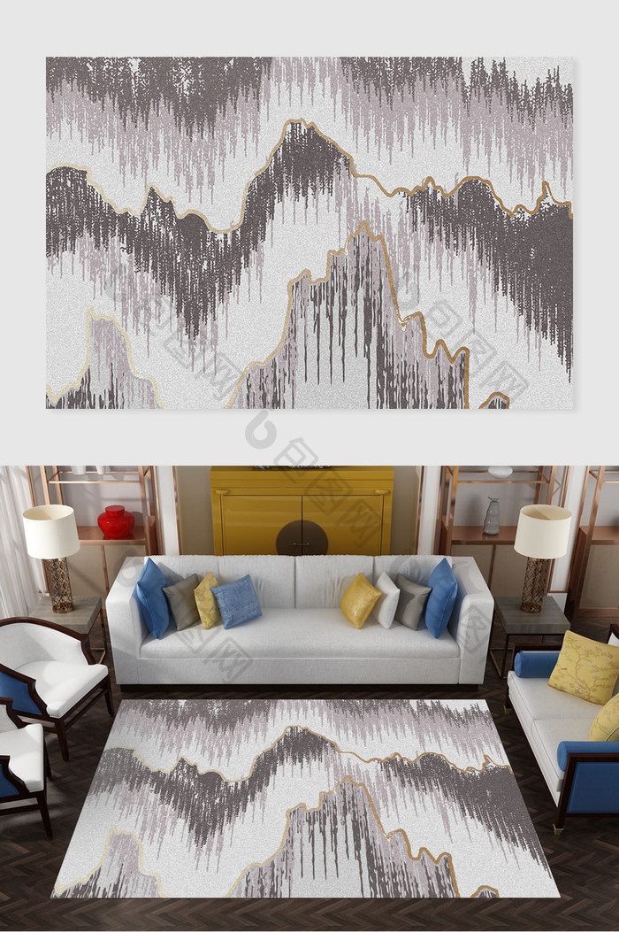 新中式创意抽象山水客厅地毯图案