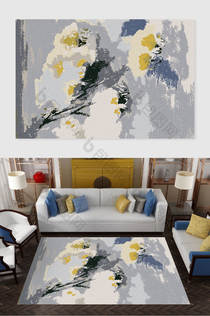 新中式抽象花枝客厅地毯图案图片图片