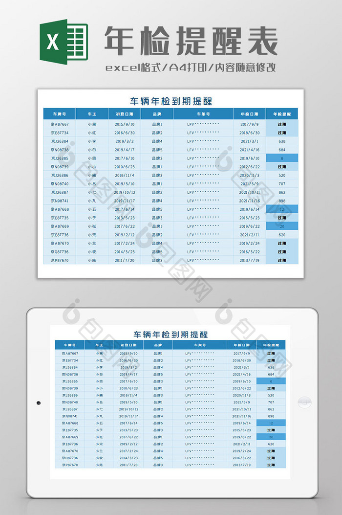 年检提醒表Excel模板