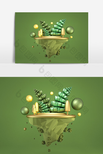C4D绿色简约大气悬浮小岛装饰元素图片