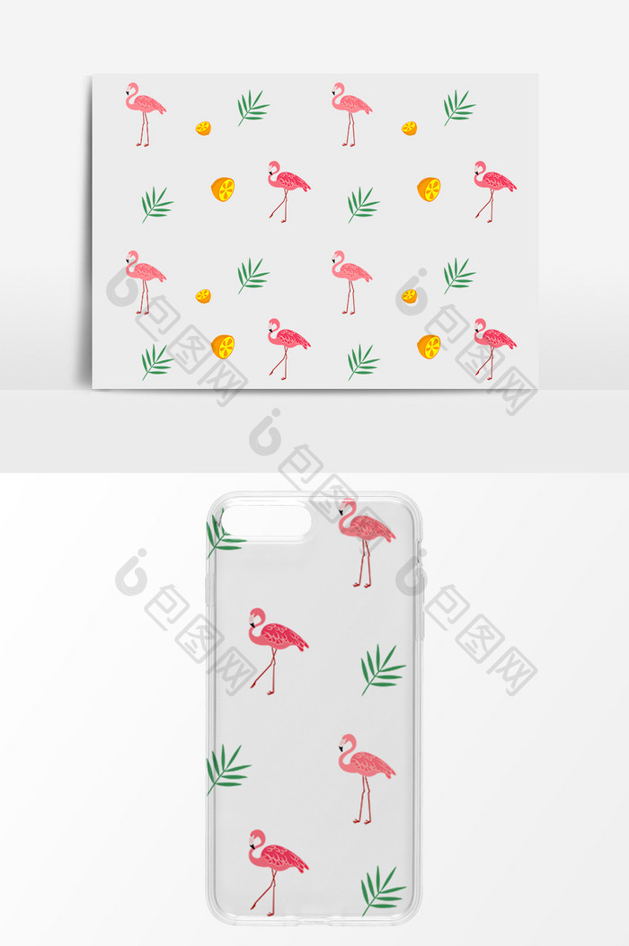粉色火烈鸟动物植物叶片装饰手机壳元素