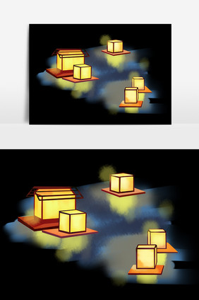 卡通夜晚中元节放河灯手绘元素