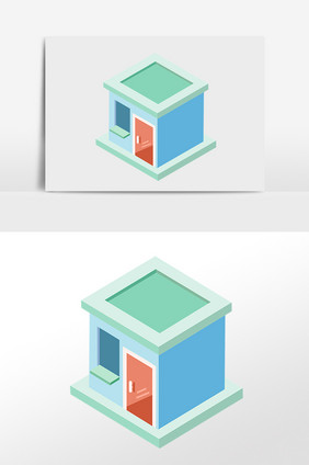 手绘2.5D建筑立体门房建筑插画