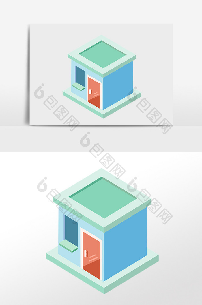 手绘2.5D建筑立体门房建筑插画