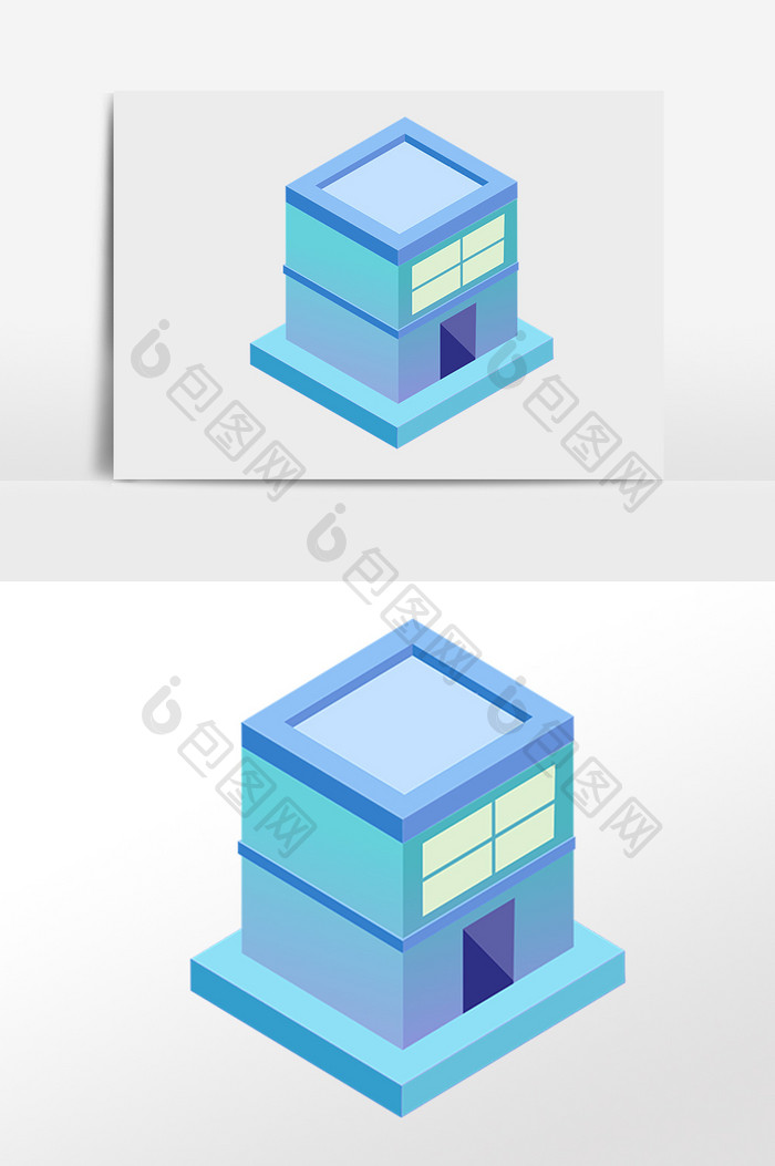 手绘2.5D建筑立体蓝色建筑插画