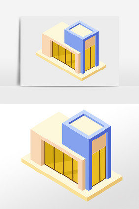 手绘2.5D建筑立体超市建筑插画