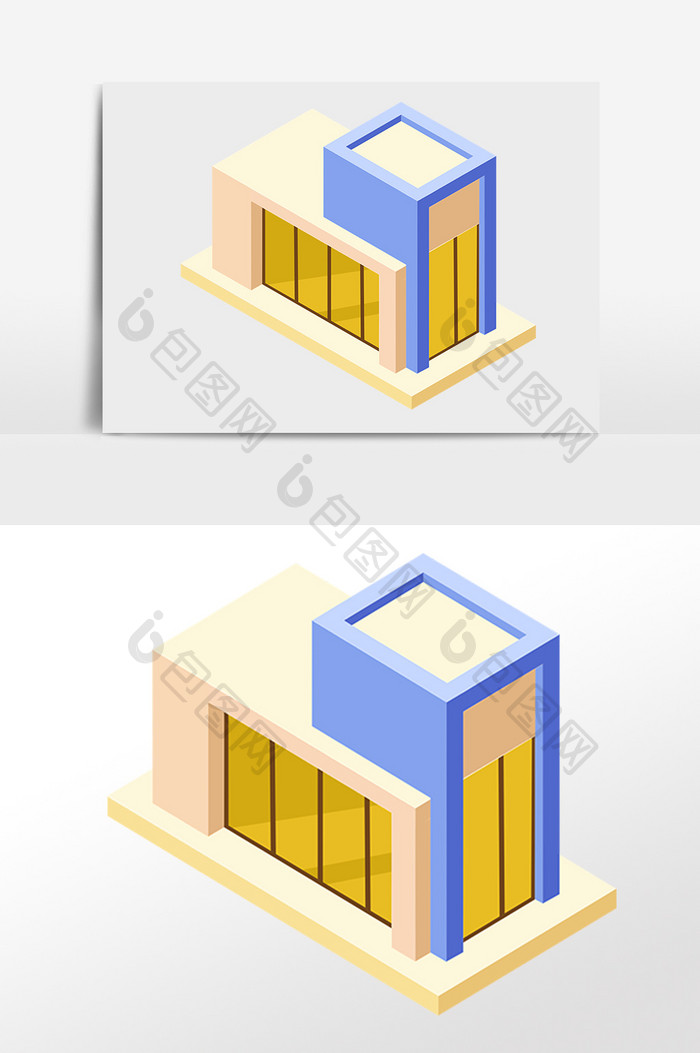 手绘2.5D建筑立体超市建筑插画