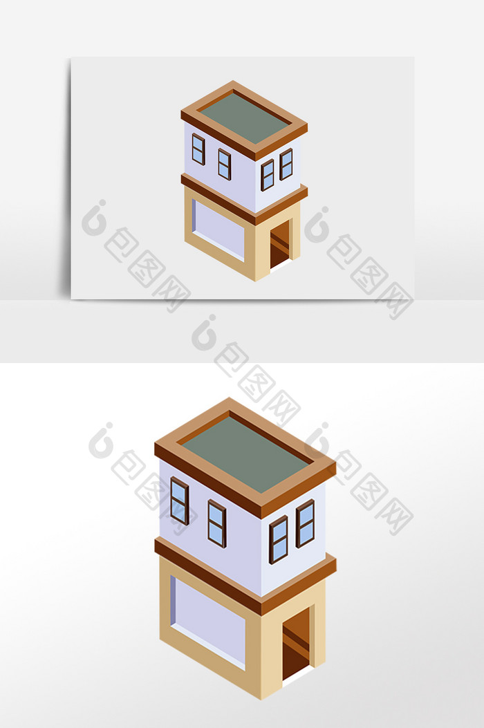 手绘2.5D建筑立体二层小楼插画