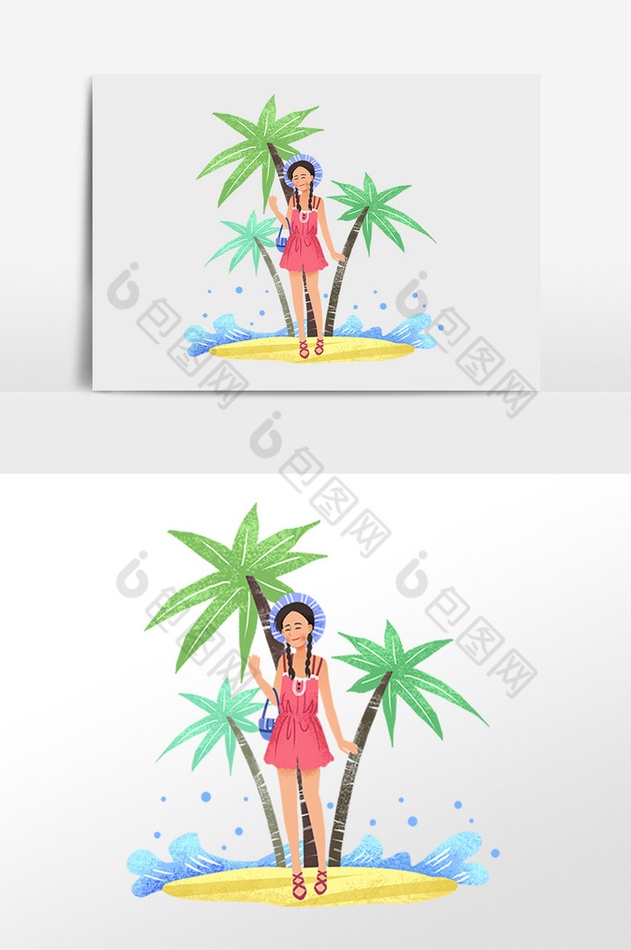 夏季大暑乘凉旅游女孩插画图片图片