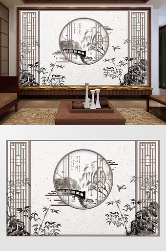 新中式中式竹子花鸟背景墙壁画图片