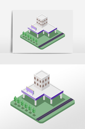 手绘2.5D建筑立体体育馆建筑插画