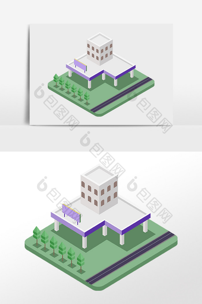 手绘2.5D建筑立体体育馆建筑插画