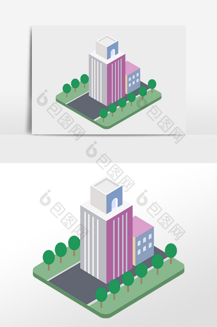 手绘2.5D建筑立体大厦建筑插画