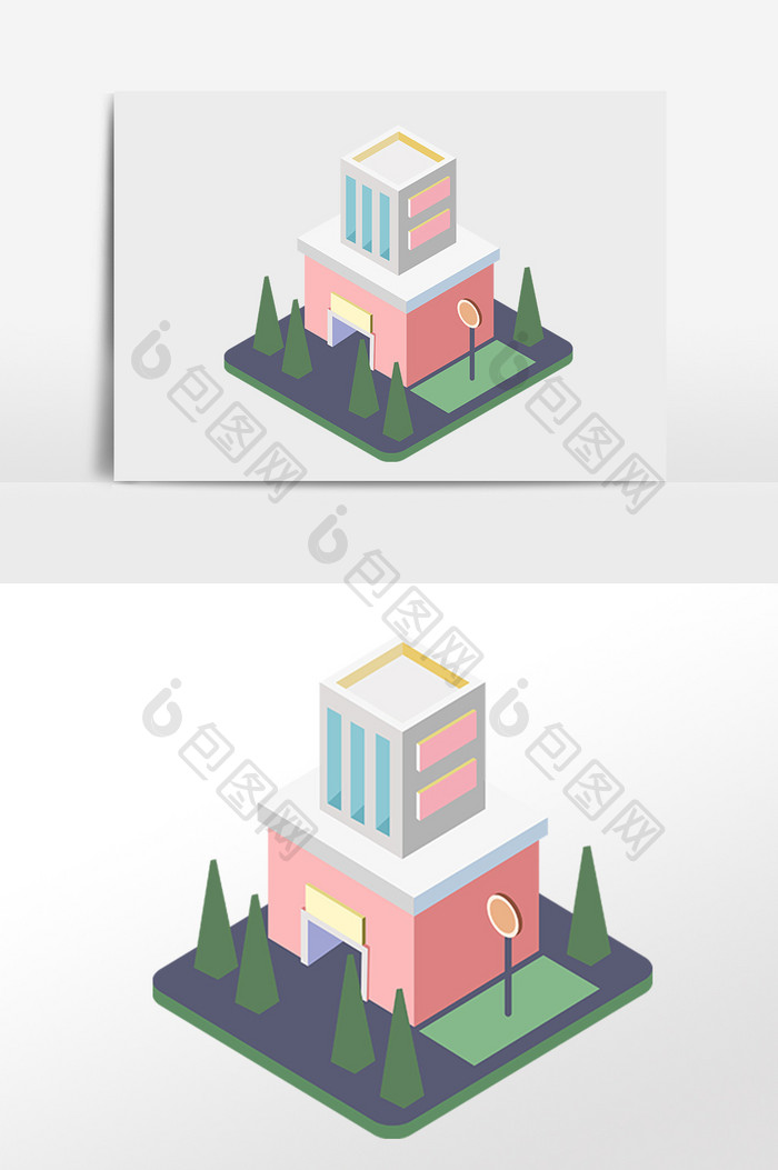 2.5D建筑立体教学楼建筑插画