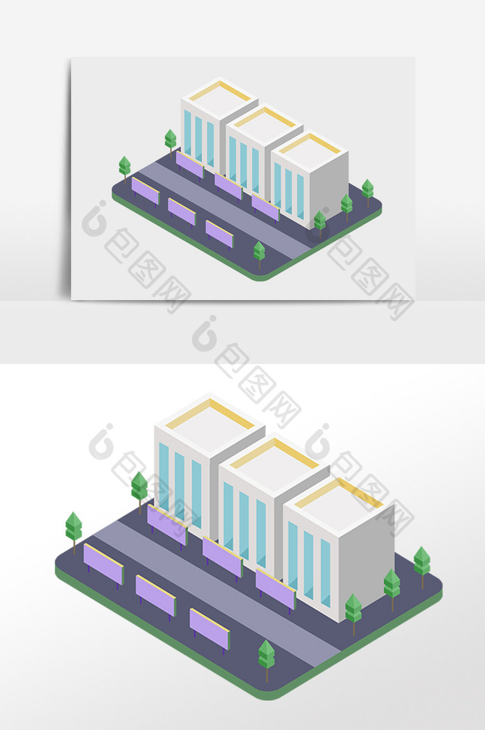 手绘2.5D建筑办公大厦立体建筑插画