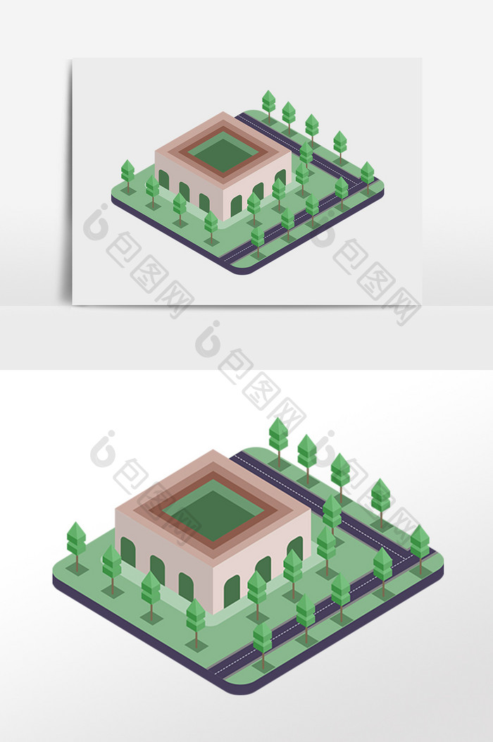 手绘2.5D建筑景区立体建筑插画