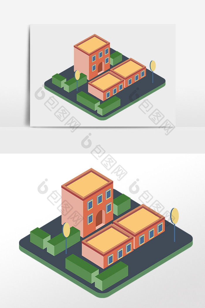 手绘2.5D建筑住房立体建筑插画