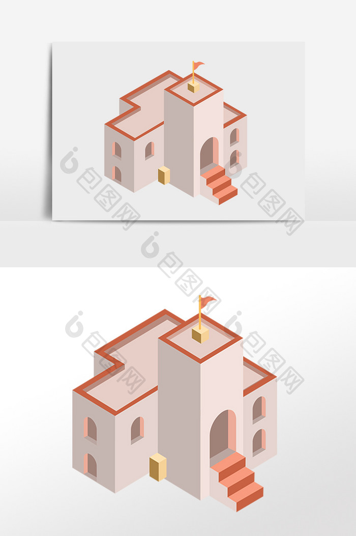 手绘2.5D建筑城堡立体建筑插画