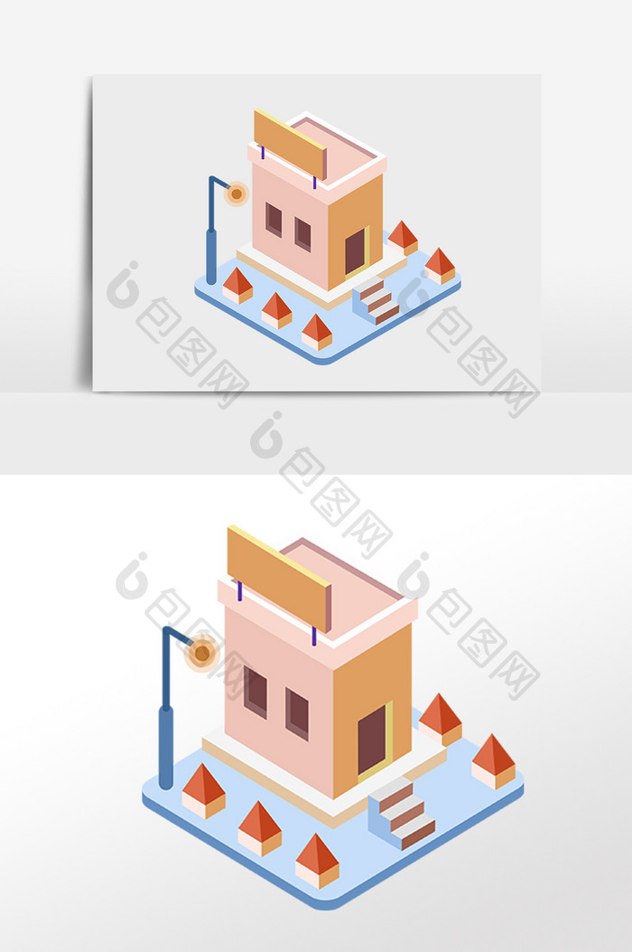 手绘2.5D建筑餐厅立体建筑插画