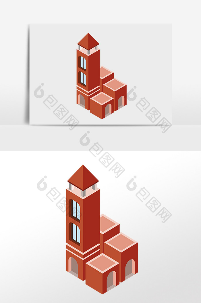 手绘2.5D建筑楼房立体建筑插画