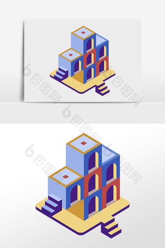 手绘2.5D建筑卡通立体建筑插画图片