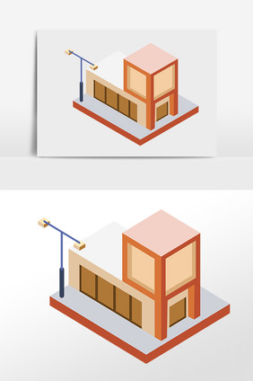 手绘2.5D建筑超市立体建筑插画